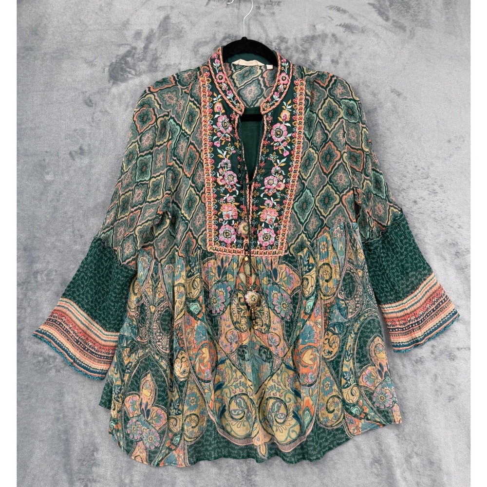 Soft Surroundings Top Womens Size L Paisley Boho Tunic Floral Embroidered Green